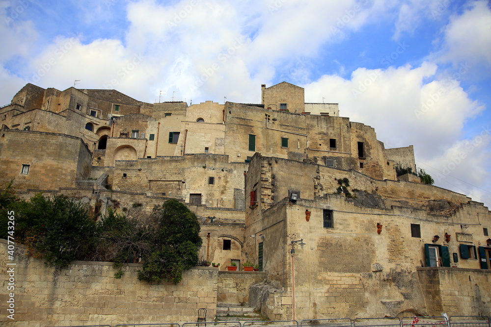 View under a blue sky of the Sasso Caveoso buildings of Matera, European Capital of Culture 2019