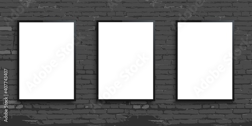 White billboards on grey brick wall background. Blank poster or display banners on brickwall vector illustration. Template advertising or exhibition boards on old urban building