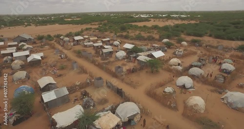 Aerial of huts, tents, and homes in refugee camp in Dadaab, Kenya in East Africa