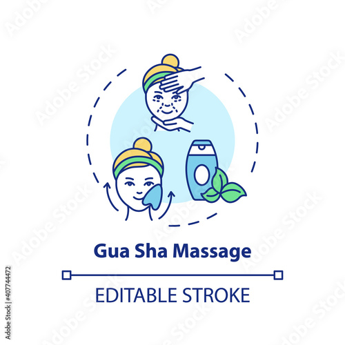 Gua sha massage concept icon. At-home face care procedure idea thin line illustration. Scraping skin with massage tool. Alternative therapy. Vector isolated outline RGB color drawing. Editable stroke