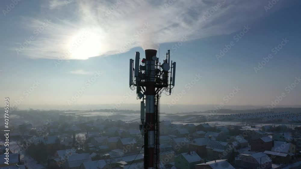 Telecommunication tower of 4G and 5G cellular. Base Station or Base Transceiver Station. Wireless Communication Antenna Transmitter. Telecommunication tower with antennas against blue sky. Telecommunication tower of 4G and 5G cellular. Base Station or Base Transceiver Station. Wireless Communication Antenna Transmitter. Telecommunication tower with antennas against blue sky.