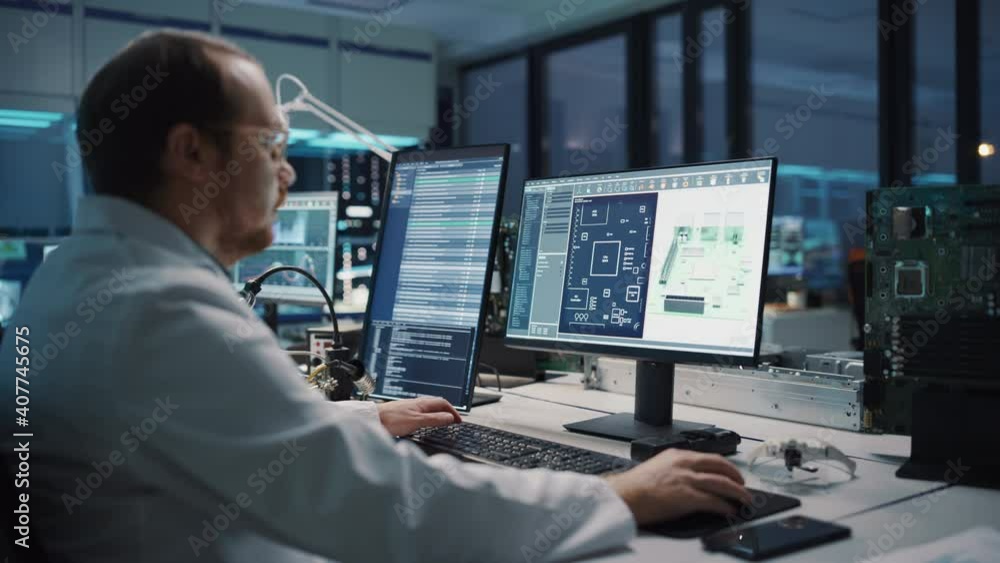Modern Electronics Facility: Scientist, Engineer Works on Computer with CAD Software. Does Design, Development of Industrial PCB, Silicon Microchips, Semiconductors, Telecommunications Equipment Modern Electronics Facility: Scientist, Engineer Works on Computer with CAD Software. Does Design, Development of Industrial PCB, Silicon Microchips, Semiconductors, Telecommunications Equipment