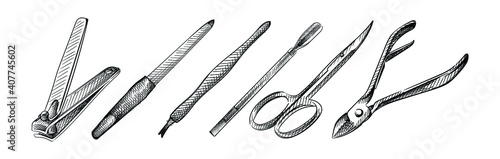 Hand drawn sketch of Manicure and pedicure tools set. Nail care equipment. Cuticle cutter, nail file, manicure scissors, cuticle pusher, nail cutters