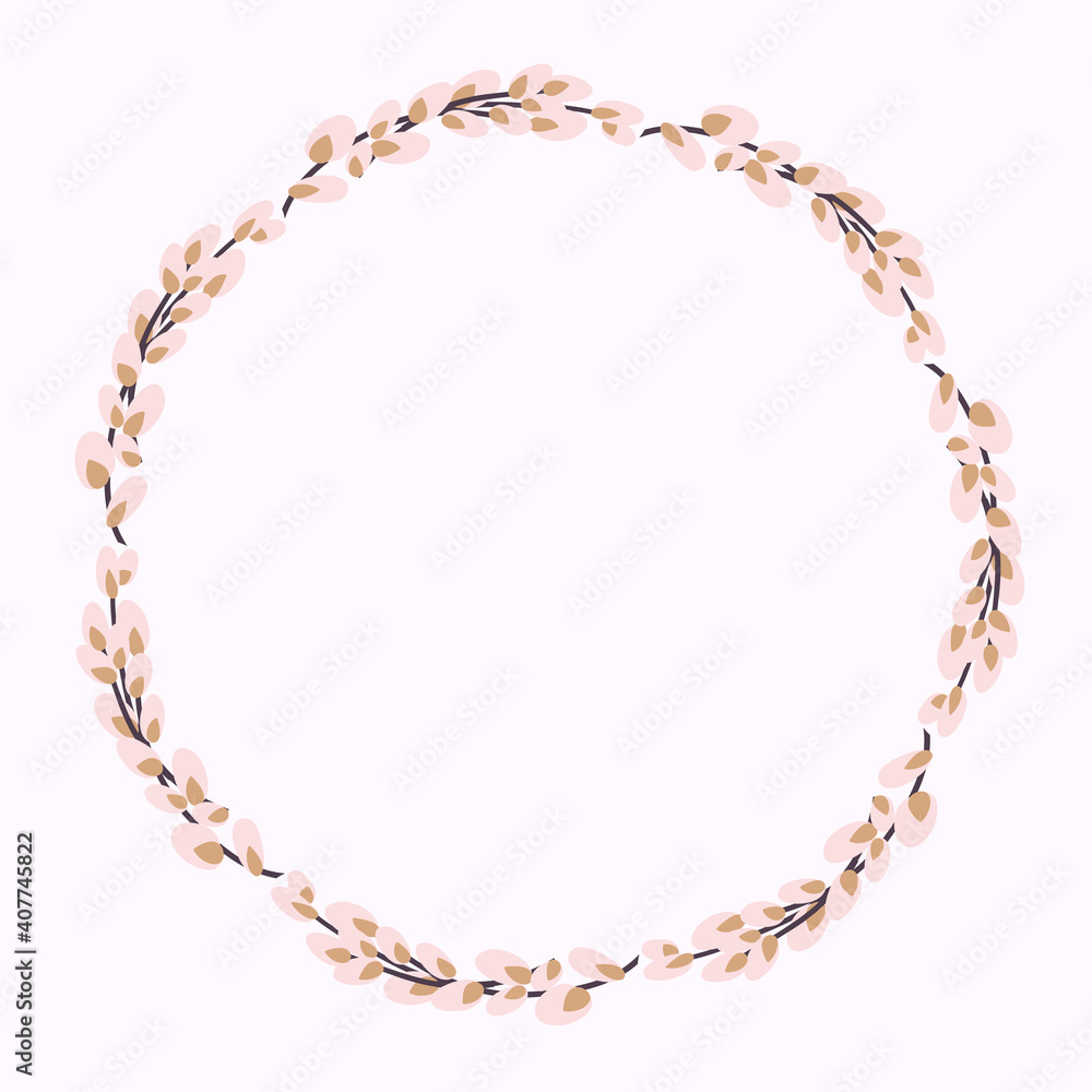 Willow wreath. Round frame made of willow twigs.Easter wreath made of willow stalks.Design for postcards, printing. Willow wreath. Round frame made of willow twigs.Easter wreath made of willow stalks.Design for postcards, printing.