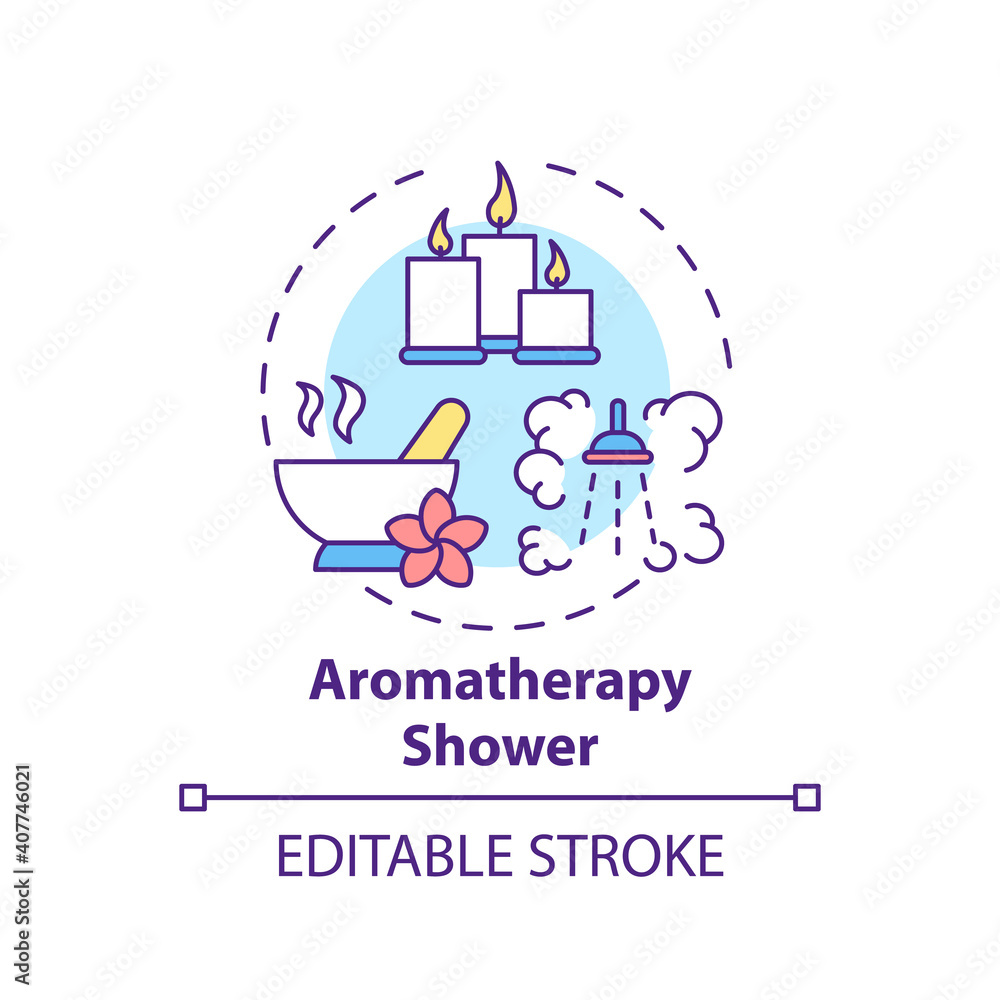Aromatherapy shower concept icon. Home spa procedure idea thin line illustration. Essential oils. Alternative medicine. Reducing stress. Vector isolated outline RGB color drawing. Editable stroke