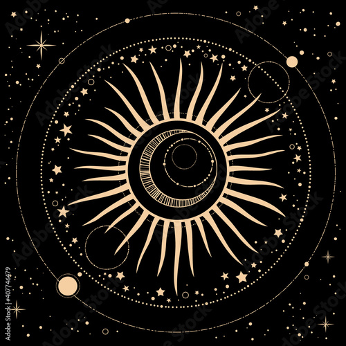 golden esoteric decorated sun and stars