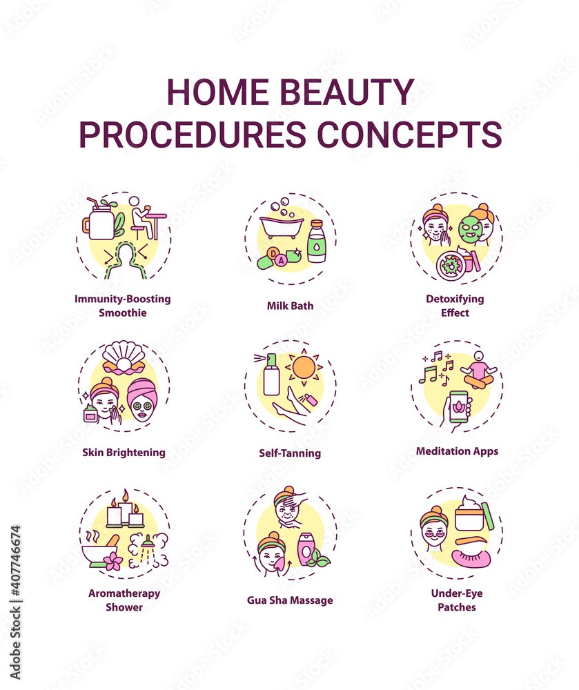Home beauty procedures concept icons set. At-home spa activities idea thin line RGB color illustrations. Immunity-boosting smoothie. Skin brightening. Vector isolated outline drawings. Editable stroke