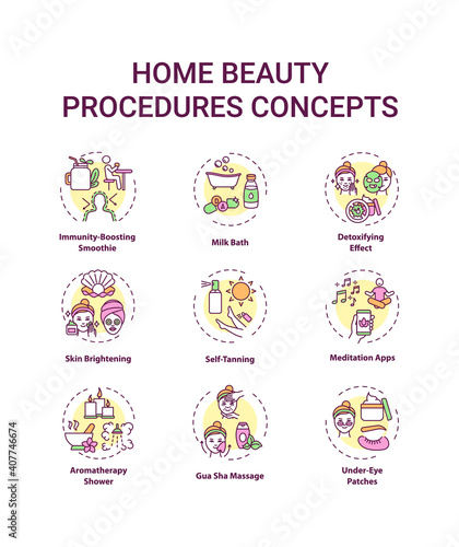 Home beauty procedures concept icons set. At-home spa activities idea thin line RGB color illustrations. Immunity-boosting smoothie. Skin brightening. Vector isolated outline drawings. Editable stroke © bsd studio