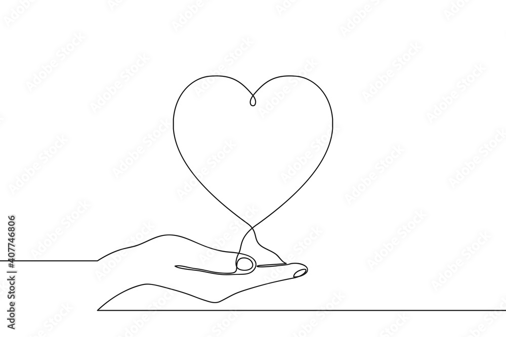 Fototapeta Continuous one line drawing of hand holding heart on palm. Vector illustration.