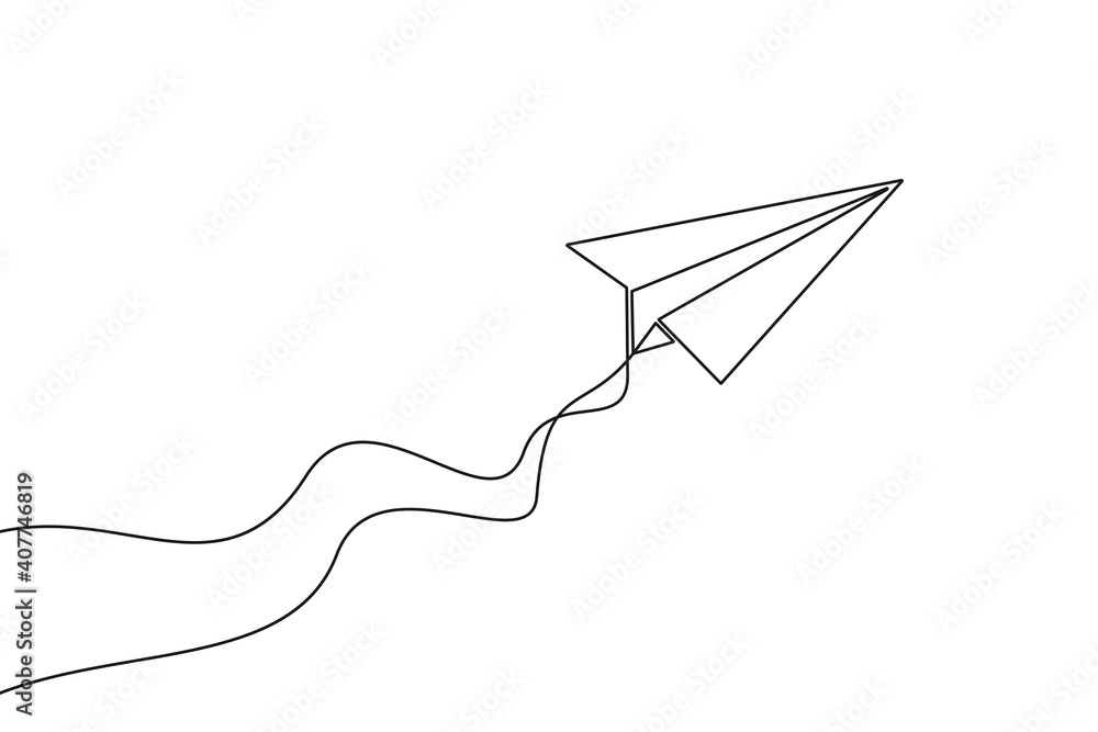 Paper plane continuous one line drawing. Paper airplane of one line art style. Vector