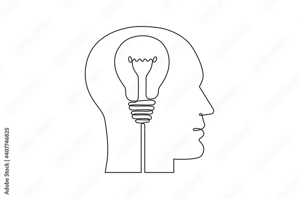 Continuous one line drawing of human head and electric light bulb ...