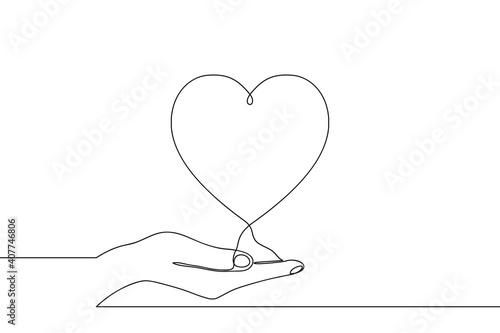 Continuous one line drawing of hand holding heart on palm. Vector illustration.