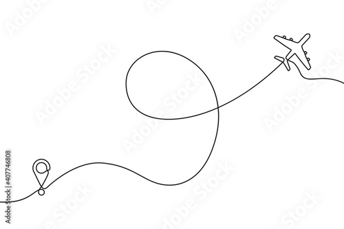 Continuous one line drawing of airplane path. One single line air plane route with a start point and and trace. Vector illustration.