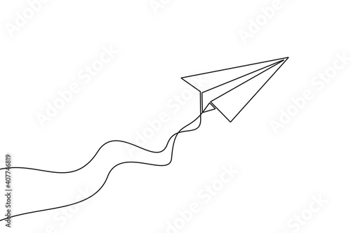 Paper plane continuous one line drawing. Paper airplane of one line art style. Vector illustration.