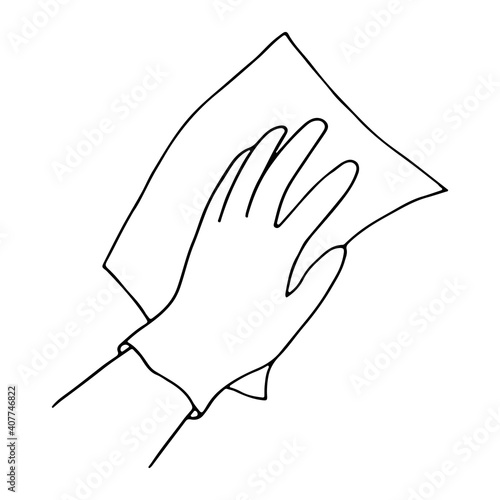 A gloved hand is cleaning the dirt with a rag. Household theme. Element for advertising poster or banner of cleaning services. Vector outline illustration.