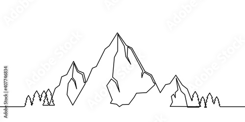 Mountains landscape one line drawing. One continuous line mountain and coniferous trees, hand-drawn illustration. Vector.