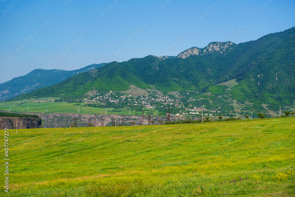 Beautiful landscape with green field and mountains, Armenia