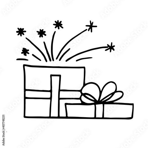 Gift box with a surprise. Asterisks fly out of the box. Illustration for various holidays. Drawn in doodle style. Vector.