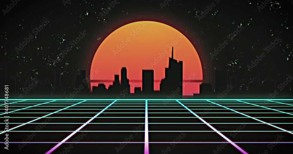 Animation of glowing orange sun and cityscape over green grid at night Animation of glowing orange sun and cityscape over green grid at night