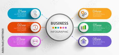 Infographic design business template with 6 options, steps or processes. Can be used for workflow layout, diagram, annual report, web design.  Vector eps 10