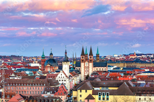 Aerial panoramic view of Old Town with cathedral and Town Hall in Wurzburg at sunset, Franconia, Bavaria, Germany