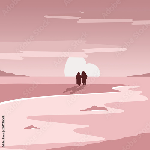 An elderly couple stands thoughtfully on the shore. Vector illustration. © Alex