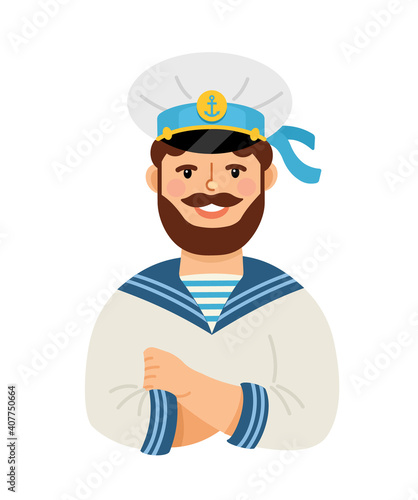 Character sailor with a beard and a cap. Isolated on a white background. Vector flat illustration