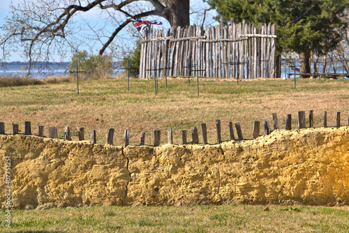 Crosses mark remains of early Jamestown Colony residents along the sea wall