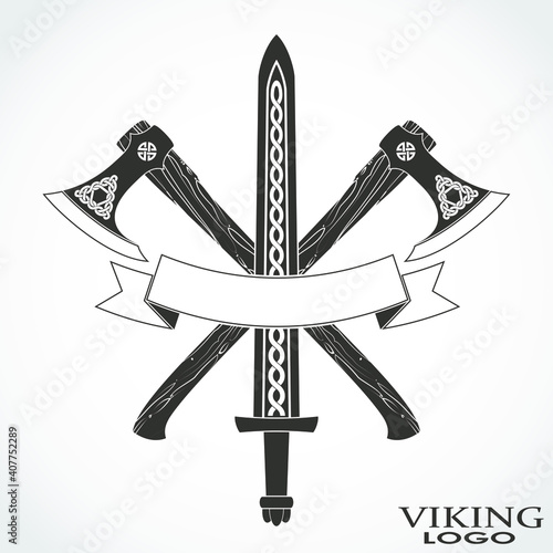 viking sword and axes with ribbon label logo design