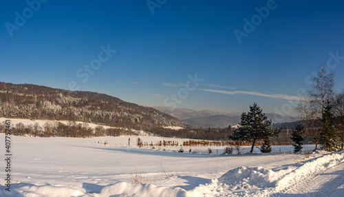 Gorlice, zima, panorama w Beskidzie Niskim, Wysowa Zdrój , Ropki