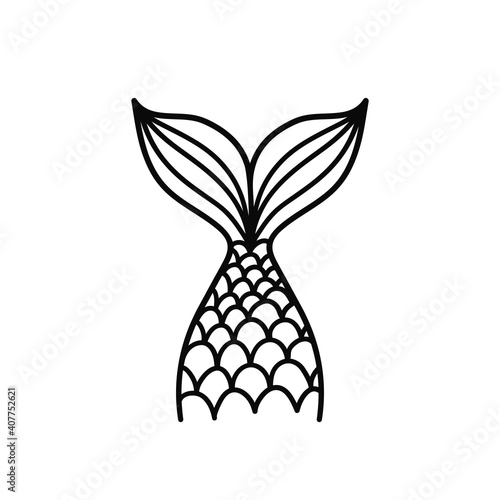 Hand drawn silhouette of mermaid's tail. Vector illustration isolated on white background.
