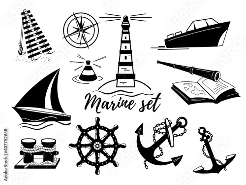 A set of sea theme items. Vector, isolated on a white background.