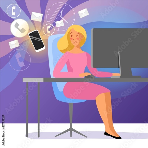 Woman with a phone. Modern life with a smartphone. Distract from work. Annoying notifications. Cartoon style