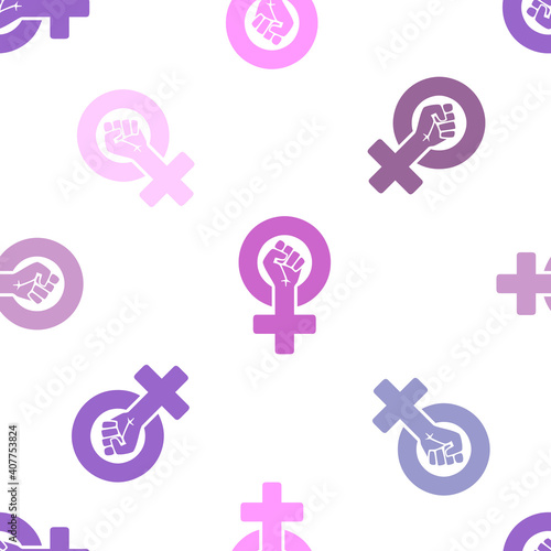 Endless seamless patern background. The symbol of the feminist movement is a female gender symbol and a raised fist, in various lilac pastel colors on a white background.