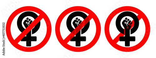 The symbol of the feminist movement is a female gender symbol and a raised fist, in black on a white background with a red prohibition sign. Feminism recognition process.