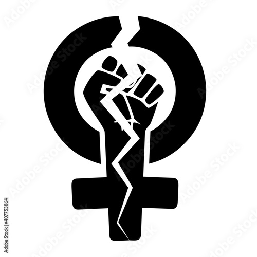 The symbol of the feminist movement is a female gender symbol and a raised fist, in black on a white background. Broken down in the middle. Destruction of feminism.