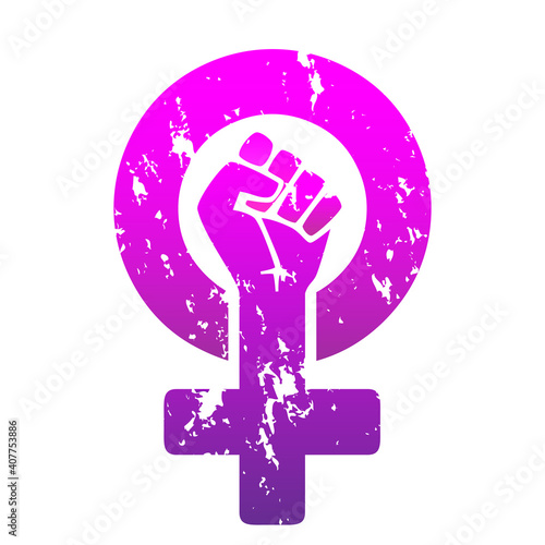 The symbol of the feminist movement is a female gender symbol and a raised fist, purple gradient color, slightly rubbed against a white background. Vector template