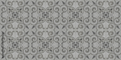 Old gray grey anthracite vintage shabby damask floral flower leaves patchwork tiles stone concrete cement wall texture background banner