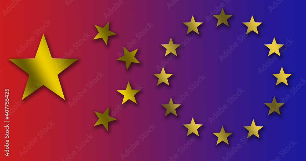 The Turkish flag logo of a white crescent and star with the circle of gold stars of the European Union flag on a red and blue background