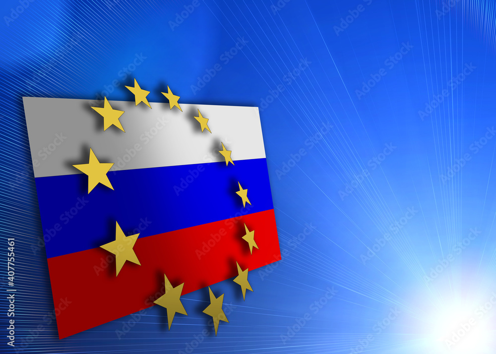EU circle of gold stars over the Russian flag, on a dark blue background with an empty area