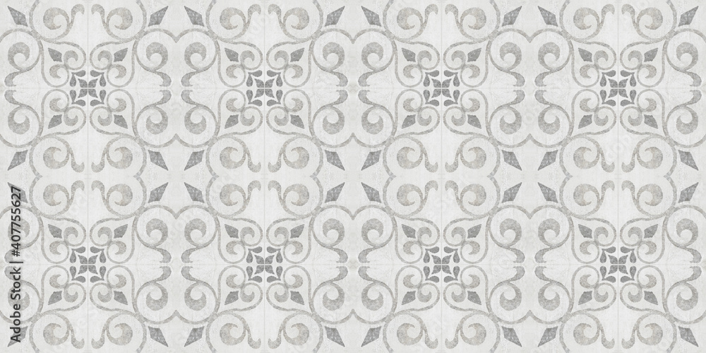 Old gray grey white vintage shabby damask floral flower leaves patchwork tiles stone concrete cement wall texture background