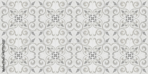 Old gray grey white vintage shabby damask floral flower leaves patchwork tiles stone concrete cement wall texture background