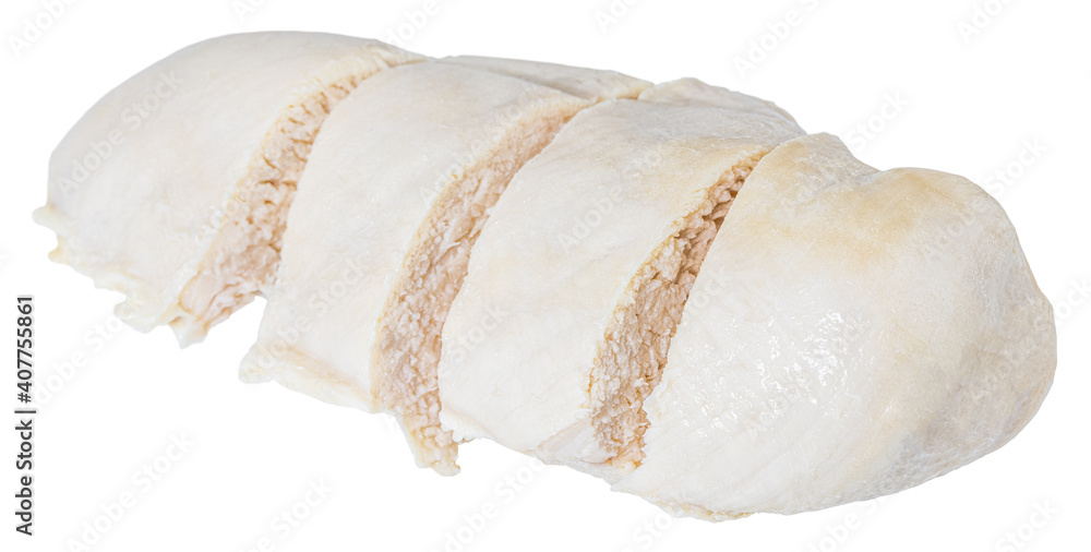 Pieces of boiled chicken breast isolated on white background