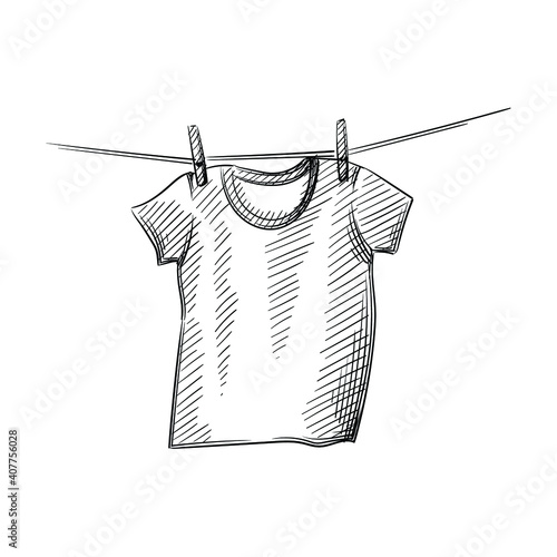Hand drawn sketch of T-shirt hanging on rope on a white background. Laundry, clothes washing routine