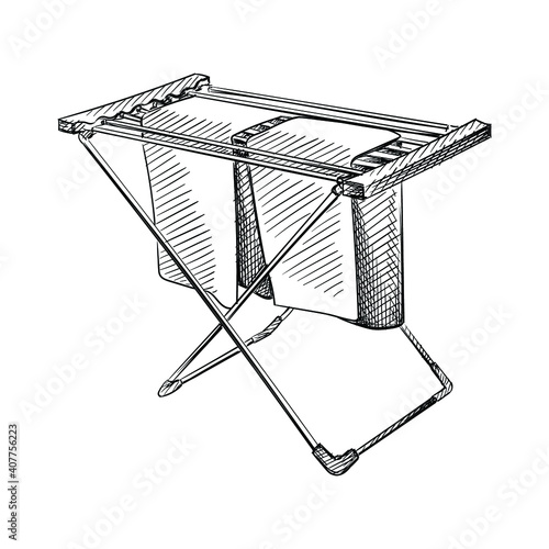 Hand drawn sketch of clothes dryer on a white background. Laundry, clothes washing routine. Foldable clothes dryer
