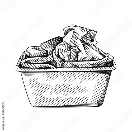Hand drawn sketch of Basin with dirty linen on a white background. Laundry, clothes washing routine. Basket with dirty clothes
