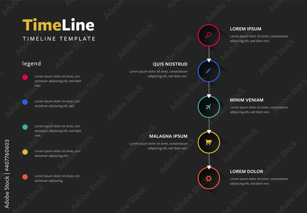 infographic dark vertical timeline template design... Dark infographic timeline with colored circles and icons, Modern ...