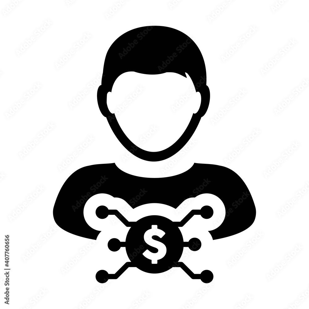 Dollar icon vector digital currency symbol with male user person profile avatar for wallet in a glyph pictogram illustration Dollar icon vector digital currency symbol with male user person profile avatar for wallet in a glyph pictogram illustration