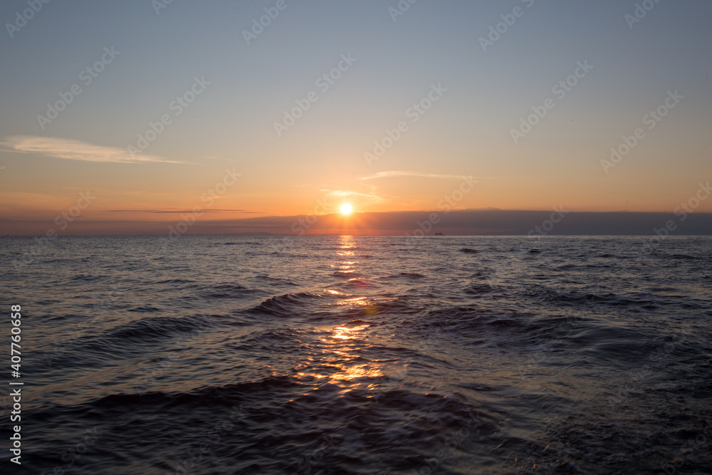 Sunrise over the Mediterranian Sea. Calm and peaceful time at Ionian sea.