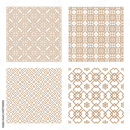 Set geometric asian abstract seamless vector pattern including traditional korean or chinese motive with typical lines and elements